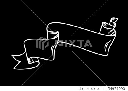 White ribbon on the black, hand drawn detailed vector scroll ribbon in outline or contour drawing 54974990