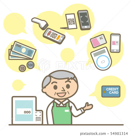 Senior male clerk corresponding to different payment types 54981314