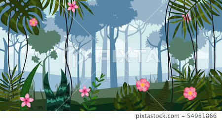 Forest silhouette wood trees, flowers, bushes and thickets abstract background. Nature and 54981866