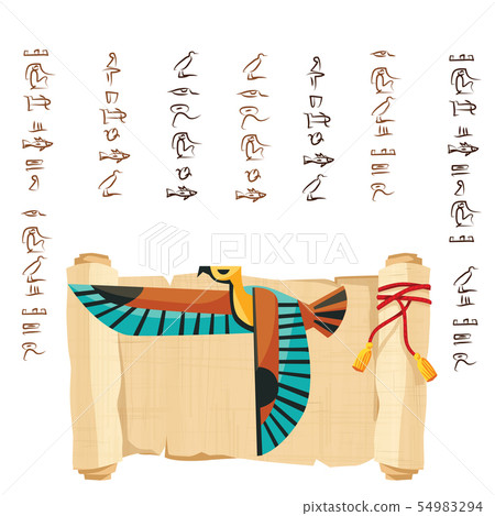 Ancient Egypt papyrus scroll decorated red cord Ancient Egypt papyrus scroll decorated red cord 54983294