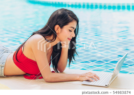 Cute Teen Asian Woman Using Laptop Computer Stock Photo 54983874 Pixta