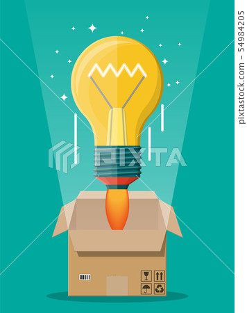Light idea bulb ejected from cardboard box. 54984205