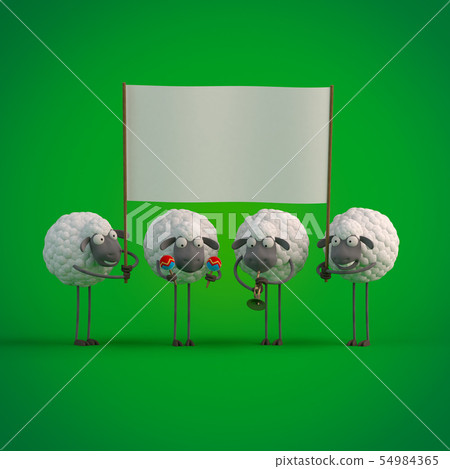 3d illustration four cute cartoon sheeps with empty banner on green background 3d illustration four cute cartoon sheeps with empty banner on green background 54984365