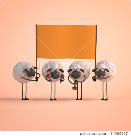 3d illustration four cute cartoon sheeps with empty banner on orange background 3d illustration four cute cartoon sheeps with empty banner on orange background 54984367