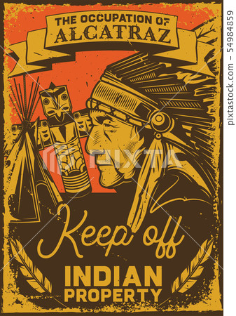 illustration of an indian man, totem and wigwam 54984859