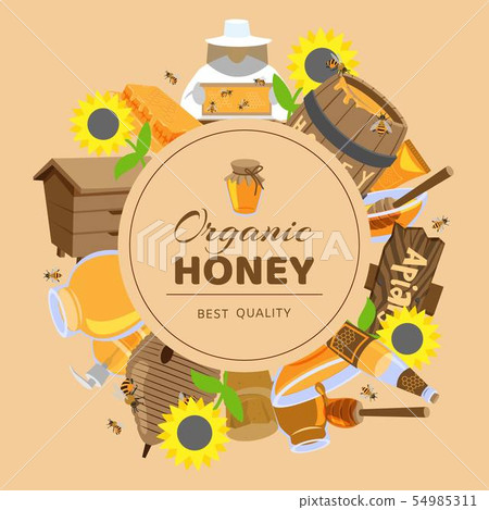 Honey cartoon colored frame with sunflower, cask, beehive, honeycomb and honeybees vector Honey cartoon colored frame with sunflower, cask, beehive, honeycomb and honeybees vector 54985311