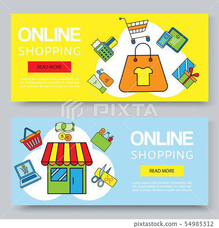 Online shopping or summer sale vector banners. Virtual shop advertising with bag, gifts, coupons and Online shopping or summer sale vector banners. Virtual shop advertising with bag, gifts, coupons and 54985312