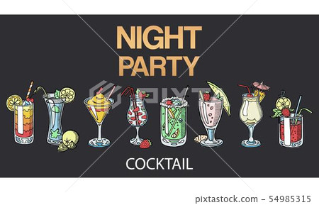 Alcoholic cocktails vector isolated on black background. Cocktails set for night party. Glasses with Alcoholic cocktails vector isolated on black background. Cocktails set for night party. Glasses with 54985315