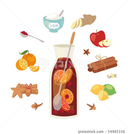 Mulled wine ingredients, recipe vector Christmas winey beverage. Punch drink, hot alcohol. Winebowl Mulled wine ingredients, recipe vector Christmas winey beverage. Punch drink, hot alcohol. Winebowl 54985316