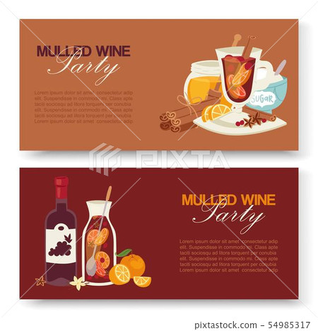 Mulled wine winter drink vector banners. Alcohol beverage illustration with bottle of wine, glass Mulled wine winter drink vector banners. Alcohol beverage illustration with bottle of wine, glass 54985317