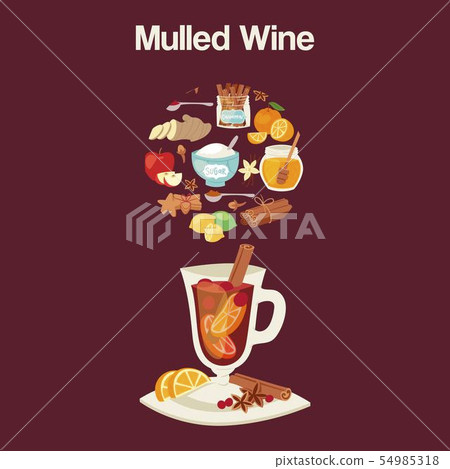 Mulled wine ingredients, recipe with glass and ingredients. Cinnamon stick, clove, lemon and orange Mulled wine ingredients, recipe with glass and ingredients. Cinnamon stick, clove, lemon and orange 54985318