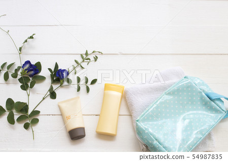 sunscreen spf50 and body lotion of woman summer 54987835