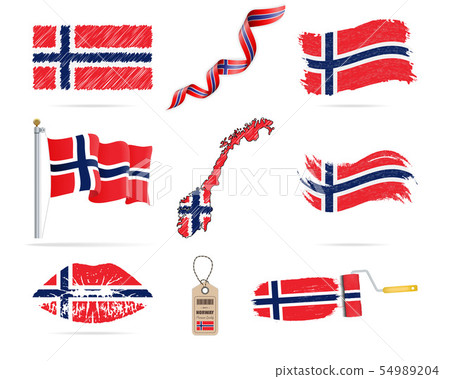 Set of hanging flags of Norway with different textures. Diversity shapes of the national flag Set of hanging flags of Norway with different textures. Diversity shapes of the national flag 54989204
