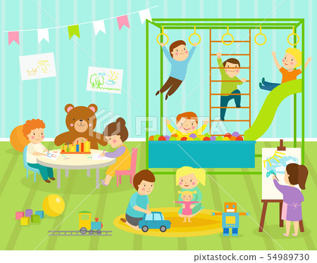 Boy kids kindergarten room with big slide swing with light furniture decor. Young baby kids Boy kids kindergarten room with big slide swing with light furniture decor. Young baby kids 54989730