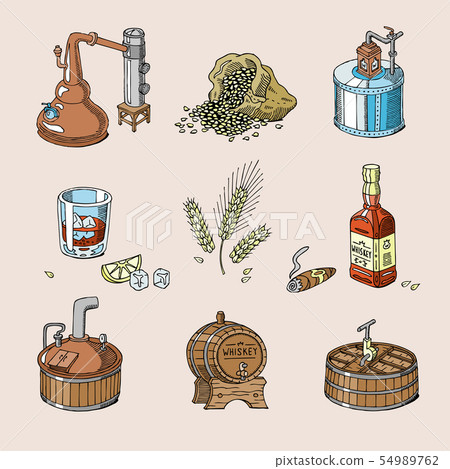 Whiskey alcohol beverage brandy in glass and drink scotch or bourbon in bottle illustration set of 54989762