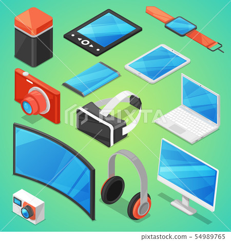 Gadget digital device with display of laptop or tablet and camera isometric illustration set of Gadget digital device with display of laptop or tablet and camera isometric illustration set of 54989765