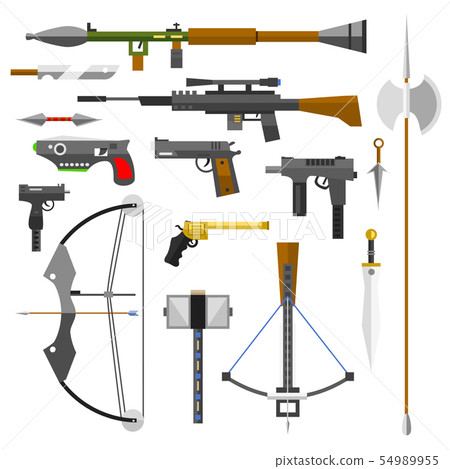 Weapons guns pistols submachine assault rifles sniper knife handgun bullets icons illustration. Weapons guns pistols submachine assault rifles sniper knife handgun bullets icons illustration. 54989955