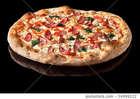 Pizza menu. Delicious hot pizza Mario with chicken, sausage and cheese. Delicious traditional Pizza menu. Delicious hot pizza Mario with chicken, sausage and cheese. Delicious traditional 54999222