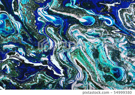 Fluid art painting abstract texture, blue, white, black, gold and turquoise. 54999380