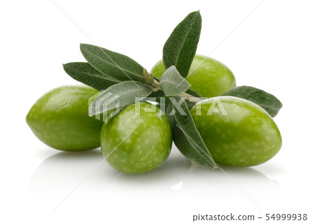 Green olives with leaves isolated on white 54999938