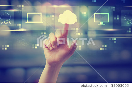Cloud computing with hand pressing a button 55003003