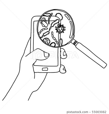 hand holding mobile phone with germs  55003082