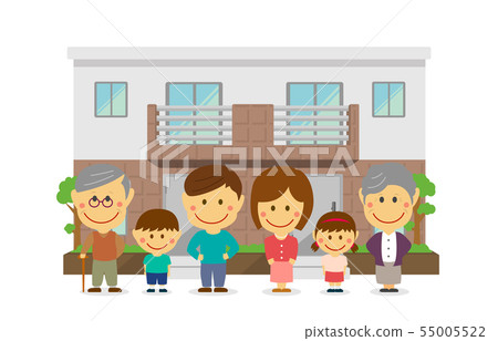 兩個家庭的房子和父母和孩子三代家庭插圖（父母，父母和孩子，祖父母住在一起）/變形，兩個頭 55005522