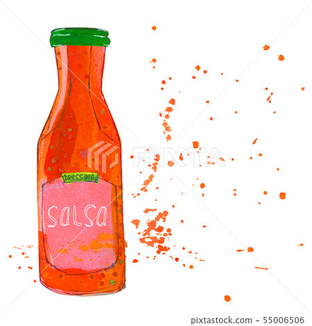 Salsa sauce bottle with splashes. Watercolor 55006506