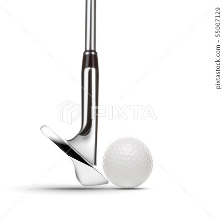 Chrome Golf Club Wedge Iron and Golf Ball on White 55007129