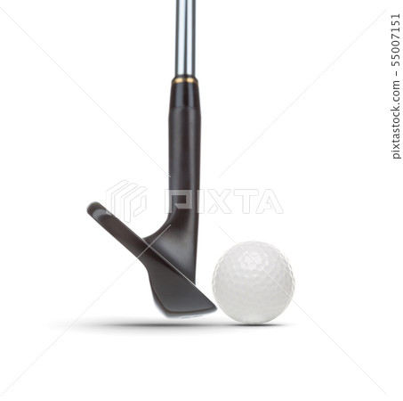 Black Golf Club Wedge Iron and Golf Ball on White 55007151
