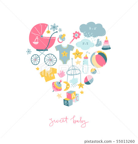 Newborn infant themed cute doodle illustrations in the heart shape Newborn infant themed cute doodle illustrations in the heart shape 55013260