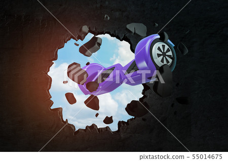 3d rendering of violet hoverboard breaking black wall 55014675
