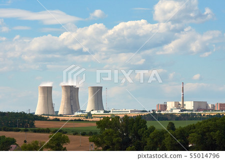 View of smoking chimneys of nuclear power plant, 55014796