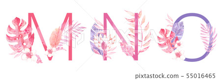 Watercolor Hand Drawn tropic letters monograms or logo. Uppercase M, N, O with jungle herbal 55016465