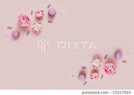 Greeting card with peonies and macaroons. 55017934
