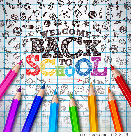 Back to school design with colorful pencil and typography letter on square grid booklet background 55018909
