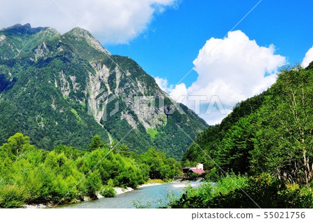 Mt. Myokami in Kamikochi, Kamogawa and the blue sky Mt. Myokami in Kamikochi, Kamogawa and the blue sky 55021756