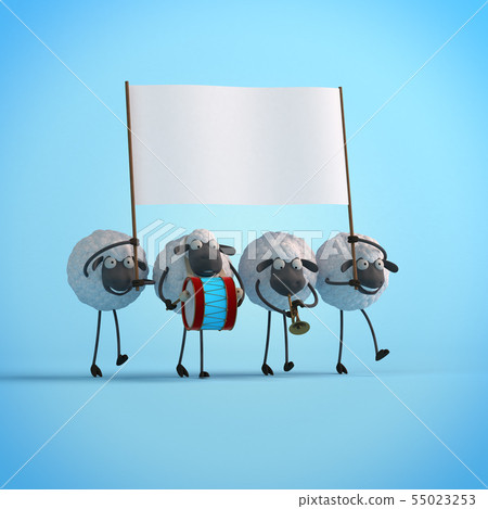 3d illustration four walking cute cartoon sheeps with empty banner on blue background 3d illustration four walking cute cartoon sheeps with empty banner on blue background 55023253
