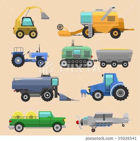 Agricultural vehicles harvester tractor machine, combines and excavators. Icon set agricultural 55026541