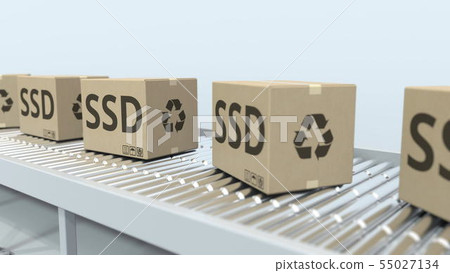Cartons with SSDs on roller conveyor. 3D rendering 55027134