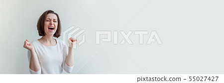 Beauty portrait young happy positive brunette woman on white background isolated banner 55027427