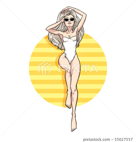 Young beautiful blonde woman in swimsuit. Beach Young beautiful blonde woman in swimsuit. Beach 55027557