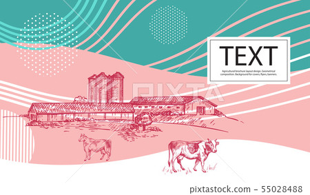 Horizontal agricultural banner with a picture of a barn, grain elevator and a cow. Horizontal agricultural banner with a picture of a barn, grain elevator and a cow. 55028488