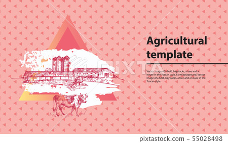 Horizontal agricultural banner with a picture of a barn, grain elevator and a cow. 55028498