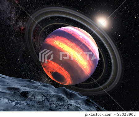 Exo planet with lava stripes and rings in outer Exo planet with lava stripes and rings in outer 55028903