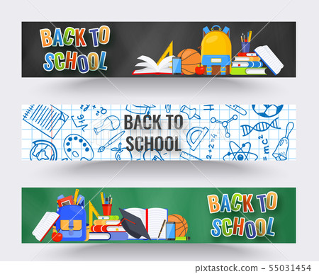 Three horizontal back to school banners. Backpack, basketball ball, pen and school supplies on 55031454