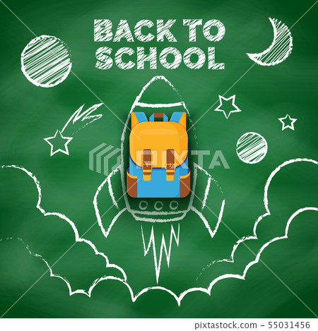 Space drawing with chalk on the school blackboard. Hand drawn rocket with a backpack flies among the 55031456