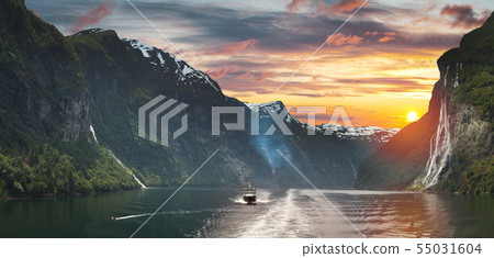 Ship in geiranger fjord. Ship in geiranger fjord. 55031604