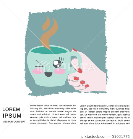 Female hand holding cup of hot coffee with text 55031775