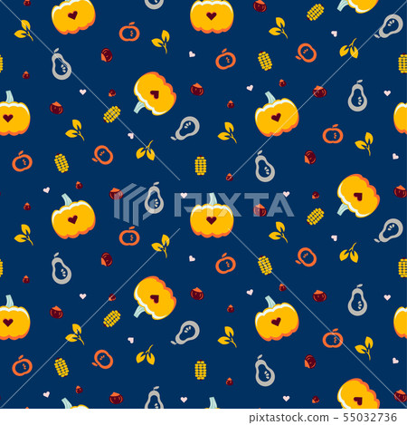 Autumn thanksgiving pattern with pumpkins and corn on blue background. Autumn thanksgiving pattern with pumpkins and corn on blue background. 55032736